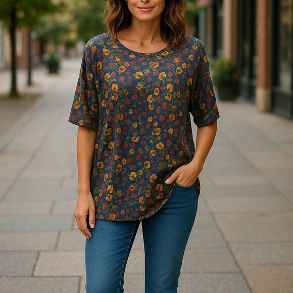 LuLaRoe Womens Top Size Large Green Blue Gold Irma Tunic Floral Shirt Hi Low NEW - Picture 2 of 7